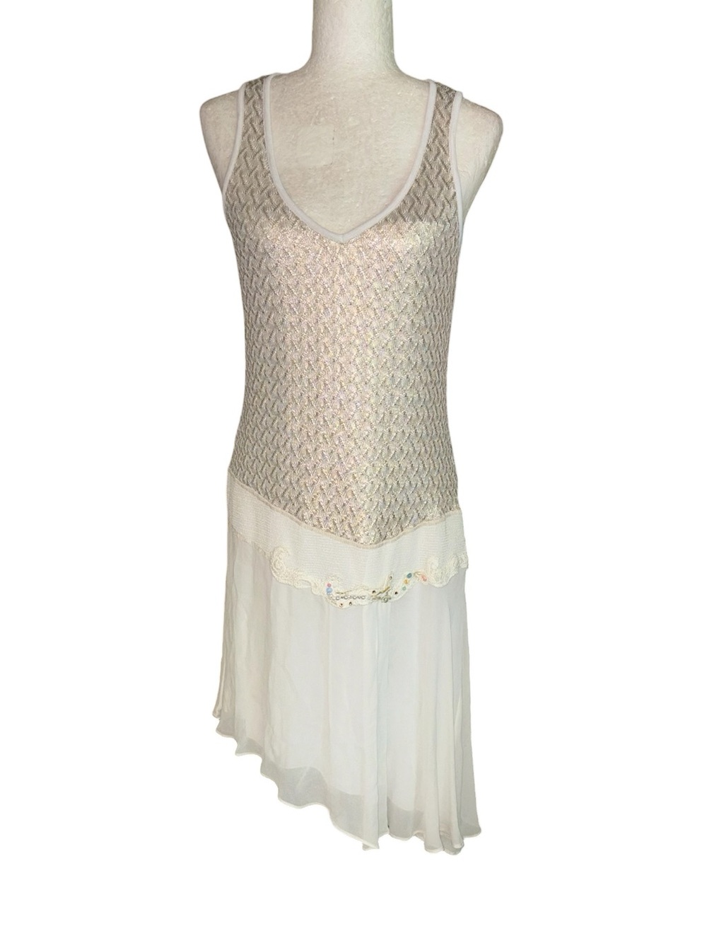 LN Elisa Cavaletti Ivory Metallic Gold Crochet Beaded Asymmetrical Dress - L